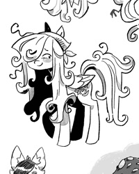 Size: 1080x1350 | Tagged: safe, artist:batzy-artz, derpibooru import, part of a set, fluttershy, pegasus, pony, g4, alternate design, alternate hairstyle, alternate tailstyle, bandana, black and white, bonnet, female, folded wings, grayscale, hair over one eye, lidded eyes, long mane, long tail, looking back, mare, messy mane, messy tail, monochrome, raised hoof, raised leg, simple background, smiling, solo, standing, tail, white background, wings