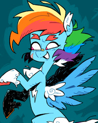 Size: 1080x1350 | Tagged: safe, artist:batzy-artz, derpibooru import, rainbow dash, pegasus, pony, g4, alternate design, alternate hairstyle, bandaid, bandaid on nose, blue coat, blue wingtips, blush scribble, blushing, cheek scar, coat markings, colored chest fluff, colored eyebrows, colored hooves, colored pinnae, colored wings, colored wingtips, facial scar, feathered fetlocks, female, flying, grin, hooves, looking away, mare, mismatched hooves, multicolored hair, multicolored hooves, multicolored mane, no pupils, pink eyes, rainbow hair, raised hoof, raised leg, redesign, ruff, scar, short hair rainbow dash, smiling, socks (coat marking), solo, spread wings, thick eyebrows, two toned wings, white wings, wings