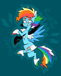 Size: 1080x1350 | Tagged: safe, artist:batzy-artz, derpibooru import, rainbow dash, pegasus, pony, g4, alternate design, alternate hairstyle, bandaid, bandaid on nose, blue coat, blue wingtips, blush scribble, blushing, cheek scar, coat markings, colored chest fluff, colored eyebrows, colored hooves, colored pinnae, colored wings, colored wingtips, facial scar, feathered fetlocks, female, flying, grin, hooves, looking away, mare, mismatched hooves, multicolored hair, multicolored hooves, multicolored mane, multicolored tail, name, no pupils, outline, pink eyes, rainbow hair, rainbow tail, raised hoof, raised hooves, raised leg, redesign, ruff, scar, short hair rainbow dash, simple background, smiling, socks (coat marking), solo, spread wings, tail, teal background, thick eyebrows, two toned wings, white wings, wings