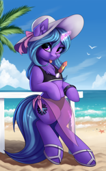 Size: 1864x3001 | Tagged: safe, artist:lightly-san, derpibooru import, oc, oc only, oc:eleane tih, semi-anthro, unicorn, arm hooves, beach, bikini, bracelet, clothes, female, food, hat, hoof sandals, horn, ice cream, jewelry, looking at you, magic, ocean, popsicle, sandals, solo, swimsuit, telekinesis, tongue, tongue out, unicorn oc, water