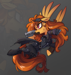 Size: 2525x2672 | Tagged: safe, artist:crimmharmony, derpibooru import, oc, oc only, oc:pumpkin spice, pegasus, fallout equestria, armor, clothes, ears back, female, flying, goggles, gun, looking away, mare, orange hair, pegasus oc, pipbuck, red eyes, shoes, simple background, solo, solo female, spread wings, weapon, wings