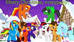 Size: 672x383 | Tagged: safe, artist:zac8attackstudios, derpibooru import, oc, oc:angus, oc:ej, oc:firey ratchet, oc:jade harmony, oc:jemimasparkle, oc:rainbow flower, oc:red arrow, oc:shield wing, oc:star armour, pegasus, christmas, female, holiday, male, snow