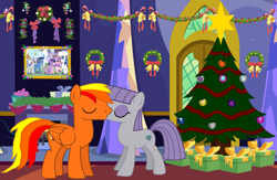 Size: 1532x999 | Tagged: safe, artist:star-armour95, derpibooru import, maud pie, oc, oc:angus, g4, christmas, christmas tree, female, holiday, kissing, male, present, tree, wreath