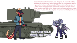 Size: 2324x1296 | Tagged: safe, artist:moonatik, derpibooru import, oc, oc:selenite, anthro, bat pony, dinosaur, pony, tyrannosaurus rex, anthro oc, bat pony oc, clothes, colored sketch, dialogue, female, gift art, kv-2, male, mare, military uniform, non-pony oc, scalie, sketch, tank (vehicle), uniform, vulgar