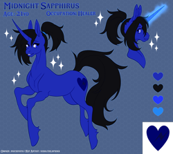 Size: 4030x3592 | Tagged: safe, artist:emalajissda, derpibooru import, oc, oc only, oc:midnight sapphirus, pony, unicorn, commission, female, glowing, glowing horn, horn, mare, reference sheet, solo