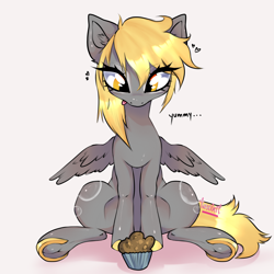 Size: 3964x3968 | Tagged: safe, artist:toxikil, derpibooru import, derpy hooves, pegasus, pony, g4, both cutie marks, cupcake, cutie mark, food, frog (hoof), golden eyes, looking down, makeup, meta, shiny, shiny mane, simple background, sitting, spread wings, tail, text, twitter, twitter link, underhoof, wingding eyes, wings