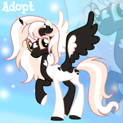 Size: 1280x1287 | Tagged: safe, artist:vi45, derpibooru import, oc, oc only, alicorn, pony, adoptable, alicorn oc, base used, blonde, blonde mane, blonde tail, brown eyelashes, colored eartips, colored eyelashes, colored hooves, colored legs, colored wings, ear markings, eyelashes, facial markings, female, female oc, golden eyes, gradient background, heart, heart mark, hooves, horn, long tail, looking at you, mare, mare oc, mismatched hooves, mismatched wings, multicolored hooves, orange eyes, raised hoof, raised leg, smiling, smiling at you, solo, splotches, standing, standing on three hooves, striped horn, tail, three quarter view, two toned mane, two toned tail, unicorn horn, wings, zoom layer