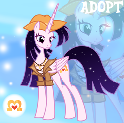 Size: 1280x1277 | Tagged: safe, artist:vi45, derpibooru import, oc, oc only, alicorn, pony, adoptable, alicorn oc, base used, clothes, colored eyelashes, concave belly, cowboy hat, ethereal mane, ethereal tail, eyelashes, female, female oc, folded wings, gradient background, hat, head turn, horn, jewelry, long horn, magenta eyelashes, mare, mare oc, necklace, pink coat, purple eyes, purple mane, purple tail, slender, smiling, solo, standing, starry mane, starry tail, stetson, straight mane, straight tail, tail, thin, three quarter view, unicorn horn, vest, wings, zoom layer