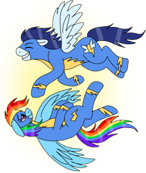 Size: 1723x2045 | Tagged: safe, artist:enigmaticfrustration, derpibooru import, edit, rainbow dash, soarin', pegasus, pony, clothes, female, flying, male, mare, shipping, soarindash, stallion, straight, uniform, wonderbolts, wonderbolts uniform