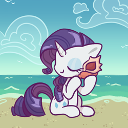 Size: 1920x1920 | Tagged: safe, artist:croustillon, derpibooru import, rarity, g4, beach, eyes closed, listening, ocean, seashell, sitting, smiling, solo, water