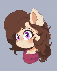 Size: 4250x5250 | Tagged: safe, artist:beachedblooms, derpibooru import, oc, oc only, oc:wind chill, pony, beige coat, blushing, brown mane, bust, clothes, ear fluff, ears, female, freckles, looking at you, mare, portrait, purple eyes, scarf, simple background, smiling, smiling at you, solo, solo female