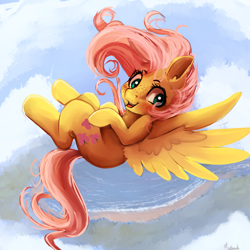 Size: 2449x2449 | Tagged: safe, artist:miokomata, derpibooru import, fluttershy, pegasus, pony, g4, anatomically incorrect, cloud, cute, female, flying, freckles, incorrect leg anatomy, looking at you, looking sideways, mare, open mouth, shyabetes, sky, smiling, solo, spread wings, vertigo, wings