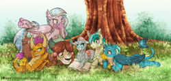 Size: 2031x968 | Tagged: safe, artist:inuhoshi-to-darkpen, derpibooru import, gallus, ocellus, sandbar, silverstream, smolder, yona, changedling, changeling, classical hippogriff, dragon, earth pony, griffon, hippogriff, pony, yak, g4, school daze, season 8, book, bow, cloven hooves, colored hooves, compound eyes, cute, diaocelles, diastreamies, dragoness, element of generosity, element of honesty, element of kindness, element of laughter, element of loyalty, element of magic, elements of harmony, female, gallabetes, hair bow, hooves, jewelry, male, monkey swings, my little pony: friendship is magic, necklace, reading, sandabetes, smiling, smolderbetes, student six, teenager, tree, unshorn fetlocks, wallpaper, water, yonadorable