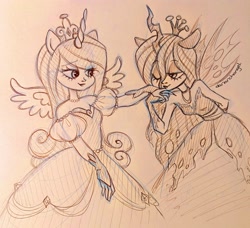 Size: 2813x2567 | Tagged: safe, artist:dariarchangel, derpibooru import, princess cadance, queen chrysalis, human, g4, alicorn wings, clothes, crooked horn, crown, cute, cutealis, cutedance, dress, duo, duo female, eared humanization, ears, female, flirting, floppy ears, gloves, gown, hand behind back, hand kiss, horn, horned humanization, humanized, infidelity, insect wings, jewelry, lesbian, lidded eyes, long hair, looking at each other, looking at someone, monochrome, necklace, one eye closed, pearl necklace, pen drawing, pen sketch, princess, puffy sleeves, queen, regalia, ship:cadalis, shipping, sketch, slender, smiling, smiling at each other, thin, torn clothes, torn hair, torn wings, traditional art, unicorn horn, winged humanization, wings