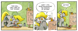 Size: 1267x517 | Tagged: safe, artist:lost marbles, derpibooru import, derpy hooves, mouse, pegasus, pony, g4, candle, cheese, comic, comic strip, food, furniture, hearth's warming, mouse hole, mouse trap, mousetrap, present, traditional art, unshorn fetlocks, watercolor painting