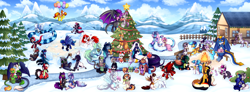 Size: 4600x1687 | Tagged: safe, artist:madelinne, derpibooru import, oc, oc only, oc:dusk cello, oc:fritzy, oc:madelinne, oc:opal brona, oc:pitch pine, oc:ryoku memori, dragon, earth pony, lamia, original species, pegasus, pony, unicorn, christmas, christmas tree, earth pony oc, food, holiday, horn, pegasus oc, snow, snowball, snowball fight, tree, unicorn oc