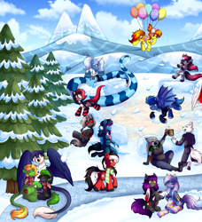 Size: 6674x7334 | Tagged: safe, artist:madelinne, derpibooru import, oc, oc only, oc:dusk cello, oc:madelinne, oc:triksa, bat pony, lamia, original species, pony, balloon, clothes, cloud, mountain, snow, snowball, snowball fight, socks, tree