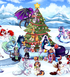 Size: 6674x7334 | Tagged: safe, artist:madelinne, derpibooru import, oc, oc only, oc:fritzy, oc:opal brona, oc:ryoku memori, alicorn, lamia, original species, alicorn oc, christmas, christmas tree, holiday, horn, snow, tree, wings