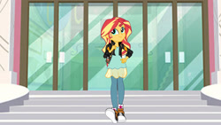 Size: 1920x1080 | Tagged: safe, artist:mlpfan3991, derpibooru import, sunset shimmer, human, equestria girls, g4, backpack, canterlot high, clothes, converse, denim, female, game stream outfit, jacket, jeans, pants, shirt, shoes, skirt, smiling, sneakers, solo, steps, walking