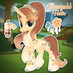 Size: 2000x2000 | Tagged: safe, artist:lovinglypromise, derpibooru import, oc, oc:marigoldflair, unicorn, coat markings, floral head wreath, flower, flower in hair, horn, solo, tattoo, tattoo design