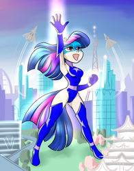 Size: 3300x4200 | Tagged: safe, artist:dreamweaverpony, derpibooru import, twilight sparkle, human, g4, armpits, boots, breasts, clothes, headlight sparkle, humanized, macro, magic gaia, open mouth, raised hand, shoes, superhero, thigh boots