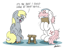 Size: 2211x1633 | Tagged: safe, artist:bobthedalek, derpibooru import, derpy hooves, nurse redheart, earth pony, pegasus, pony, g4, clipboard, derpy being derpy, dialogue, duo, facepalm, faceplant, female, implied poop, mare, misunderstanding, pun, sample, sitting, stool, text, visual pun