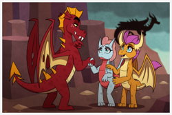 Size: 1772x1181 | Tagged: safe, artist:inuhoshi-to-darkpen, derpibooru import, garble, ocellus, smolder, dragon, g4, brother and sister, commission, disguise, disguised changeling, dragon lands, dragon ocellus, dragonified, female, finger on chin, handshake, introduction, male, nervous, open mouth, open smile, outdoors, passepartout, siblings, smiling, species swap, story included, suspicious, trio, worried