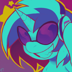 Size: 1000x1000 | Tagged: safe, artist:moonixora, derpibooru import, dj pon-3, vinyl scratch, pony, unicorn, g4, glasses, halftone, headphones, horn, icon, lightly watermarked, multicolored mane, patterned background, profile picture, smiling, solo, watermark