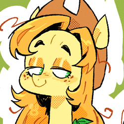 Size: 1080x1080 | Tagged: safe, artist:batzy-artz, derpibooru import, part of a set, applejack, earth pony, pony, g4, alternate coat color, alternate color palette, alternate design, alternate hairstyle, alternate mane color, applejack's hat, clothes, cowboy hat, eyelashes, eyeshadow, female, freckles, green eyes, hat, lidded eyes, long neck, looking away, makeup, mare, no pupils, orange eyeshadow, orange mane, redesign, screentone, shiny mane, smiling, solo, stetson, three quarter view, watermark, yellow coat