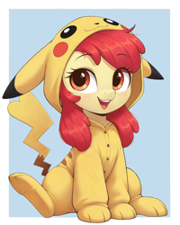 Size: 2048x2560 | Tagged: safe, ai content, derpibooru import, apple bloom, earth pony, pikachu, pony, g4, :3, :d, adorabloom, ai composition, blush lines, blushing, buttons, clothes, cute, female, filly, foal, full body, hood up, hoodie, looking at you, onesie, open mouth, open smile, passepartout, pikabloom, pikachu costume, pokémon, sitting, smiling, smiling at you, solo, voice actor joke