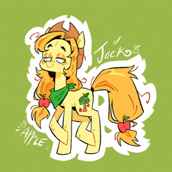 Size: 1080x1080 | Tagged: safe, artist:batzy-artz, derpibooru import, part of a set, applejack, earth pony, pony, g4, alternate coat color, alternate color palette, alternate cutie mark, alternate design, alternate hairstyle, alternate mane color, alternate tail color, applejack's hat, bandana, bipedal, clothes, cowboy hat, crossed hooves, crossed legs, cutie mark accessory, cutie mark hair accessory, eyelashes, eyeshadow, female, freckles, green background, green eyes, hair accessory, hairclip, hat, lidded eyes, long neck, looking away, looking back, makeup, mare, name, neckerchief, no pupils, orange eyeshadow, orange mane, orange tail, outline, ponytail, raised hoof, raised leg, redesign, screentone, shiny mane, simple background, smiling, solo, standing, stetson, tail, tail clip, three quarter view, tied mane, tied tail, watermark, white text, yellow coat