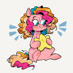 Size: 1080x1080 | Tagged: safe, artist:batzy-artz, derpibooru import, part of a set, earth pony, pony, g1, alternate design, alternate hairstyle, blue eyes, curly tail, emanata, eyelashes, female, freckles, hoof hold, looking down, mare, multicolored mane, multicolored tail, not pinkie pie, pillow, pink coat, rainbow curl pony, raised hoof, raised leg, screentone, short mane, simple background, smiling, solo, star pillow, stripes (g1), tail, toy interpretation, underhoof, watermark, white background