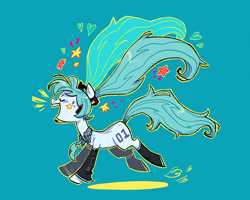 Size: 1350x1080 | Tagged: safe, artist:batzy-artz, derpibooru import, earth pony, pony, blue background, blue coat, blue mane, blue tail, clothes, emanata, eyelashes, eyes closed, female, floating heart, flowing mane, flowing tail, hairclip, hatsune miku, headset mic, heart, leg warmers, light blue coat, long mane, long tail, mare, microphone, necktie, open mouth, open smile, outline, pigtails, ponified, running, sailor collar, shiny mane, shiny tail, simple background, smiling, socks, solo, species swap, stars, tail, tied mane, twintails, vocaloid, watermark