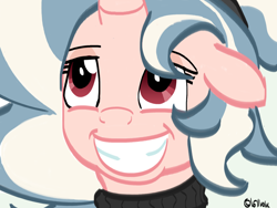 Size: 1600x1200 | Tagged: safe, artist:1611volk, derpibooru import, oc, oc only, oc:vivi poff, pony, unicorn, g4, bust, clothes, ears, female, floppy ears, grin, horn, mare, simple background, smiling, solo, sweater, turtleneck