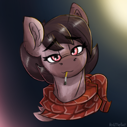 Size: 1274x1269 | Tagged: safe, artist:reddthebat, derpibooru import, oc, oc only, oc:number nine, earth pony, pony, bandana, bust, cigarette, ear fluff, ears, eyebrows, eyebrows visible through hair, female, gradient background, halftone, lidded eyes, looking at you, mare, portrait, smiling, smiling at you, smoking, solo