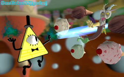 Size: 748x468 | Tagged: safe, artist:songokussjgodssj, derpibooru import, discord, g4, 3d, bill cipher, blast, bowtie, cake, food, gravity falls, hat, top hat, triangle, watermark