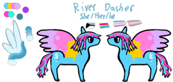 Size: 4200x2000 | Tagged: safe, artist:apple, derpibooru import, oc, oc only, oc:river dasher, pegasus, pony, bigender pride flag, both cutie marks, colored hooves, colored wings, demigirl pride flag, demiromantic pride flag, demisexual pride flag, ear, hooves, multicolored hair, multicolored mane, multicolored wings, pansexual pride flag, pegasus oc, ponified, pride, pride flag, rain world, solo, species swap, two toned mane, wings