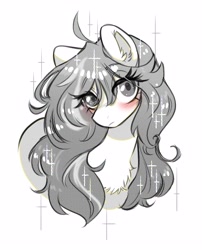 Size: 3000x3706 | Tagged: safe, artist:opalacorn, derpibooru import, oc, oc only, oc:tora, earth pony, pony, art trade, blushing, bust, chest fluff, female, grayscale, long eyelashes, looking at you, mare, monochrome, partial color, ponysona, simple background, solo, sparkles, white background