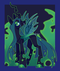 Size: 3200x3800 | Tagged: safe, artist:caramelushy, derpibooru import, queen chrysalis, changeling, changeling queen, g4, colored hooves, concave belly, female, fire, green fire, hooves, passepartout, slender, smiling, solo, thin