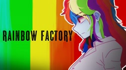 Size: 1999x1111 | Tagged: safe, artist:makaryo, derpibooru import, rainbow dash, human, fanfic:rainbow factory, equestria girls, g4, bust, clothes, fanfic art, female, lab coat, rainbow background, rainbow factory dash, solo, title