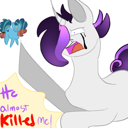 Size: 1280x1280 | Tagged: safe, derpibooru import, oc, oc:cottonswab, oc:misty, earth pony, unicorn, attempted murder, blue mane, curly tail, duo, emo mane, horn, makeup, male, my little pony: the protectors of harmony, offspring, parent:meadowbrook, parent:prince blueblood, parent:rarity, parent:somnambula, parents:meadownambula, parents:rariblood, peach mane, puffy mane, purple mane, purple text, red text, running makeup, stallion, tail, white coat, yelling