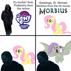 Size: 1000x1000 | Tagged: safe, derpibooru import, editor:joshthepinkgump, fluttershy, bat pony, human, hybrid, pegasus, pony, vampire, g4, 4 panel comic, bat ponified, comic, fangs, female, flutterbat, irl human, it's morbin time, jared leto, mare, meme, morbius, morbius the living vampire, my little pony logo, my little pony: friendship is magic logo, race swap, simple background, vampire bat, white background