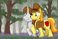 Size: 1800x1200 | Tagged: safe, artist:hoofclid, derpibooru import, braeburn, oc, oc:hoofclid, earth pony, pony, unicorn, g4, canon x oc, duo, duo male, forest, gay, holding hooves, horn, looking at each other, looking at someone, male, nature, outdoors, rain, smiling, smiling at each other, stallion, tree, unshorn fetlocks