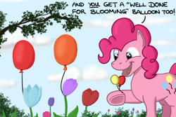 Size: 1800x1200 | Tagged: safe, artist:hoofclid, derpibooru import, pinkie pie, earth pony, pony, g4, balloon, dialogue, female, flower, hoof hold, mare, open mouth, open smile, outdoors, smiling, solo, tulip, underhoof