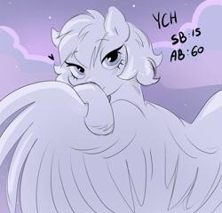 Size: 1269x1220 | Tagged: safe, artist:sparjechkaa, derpibooru import, pegasus, pony, g4, commission, evening, female, flirting, hiding face, looking at you, outdoors, purple sky, solo, spread wings, wings, ych sketch, your character here