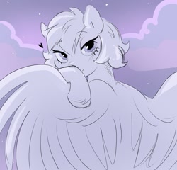 Size: 1269x1220 | Tagged: safe, alternate version, artist:sparjechkaa, derpibooru import, pegasus, pony, g4, cloud, female, hiding face, lidded eyes, looking at you, outdoors, purple sky, solo, spread wings, wings