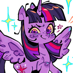 Size: 1080x1080 | Tagged: safe, artist:batzy-artz, derpibooru import, twilight sparkle, twilight sparkle (alicorn), alicorn, pony, g4, bangs, colored pupils, colored sclera, emanata, eyelashes, female, horn, lidded eyes, looking at you, mare, purple coat, purple eyes, purple pupils, raised hoof, raised leg, shiny mane, simple background, smiling, smiling at you, solo, sparkles, spread wings, stars, straight mane, three quarter view, three toned mane, unicorn horn, white background, wings, yellow sclera