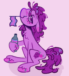 Size: 1280x1411 | Tagged: safe, artist:onionpwder, derpibooru import, berry punch, berryshine, earth pony, pony, g4, alcohol, blush scribble, blushing, colored hooves, curly hair, curly mane, curly tail, drink, ears, eyelashes, female, flag, floppy ears, head tilt, holding flag, hoof hold, hooves, lidded eyes, looking at you, mare, mouth hold, pink background, pink hooves, pride, pride flag, profile, purple coat, purple eyes, purple mane, purple tail, requested art, shiny mane, shiny tail, simple background, sitting, smiling, smiling at you, solo, tail, trans female, transgender, transgender pride flag, unshorn fetlocks