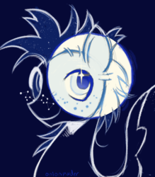 Size: 1280x1464 | Tagged: safe, artist:onionpwder, derpibooru import, star hunter, pegasus, pony, g4, alternate design, blue pupils, bluescale, bust, colored pupils, freckles, looking back, looking up, male, monochrome, portrait, requested art, signature, smiling, solo, sparkles, sparkly eyes, spiky mane, spread wings, stallion, three quarter view, wingding eyes, wings