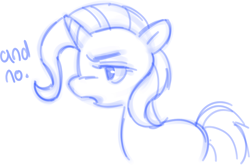 Size: 1017x670 | Tagged: safe, artist:onionpwder, derpibooru import, trixie, pony, unicorn, g4, blue text, dialogue, female, frown, horn, mare, missing cutie mark, narrowed eyes, open frown, open mouth, profile, simple background, solo, talking, thick horn, unicorn horn, white background